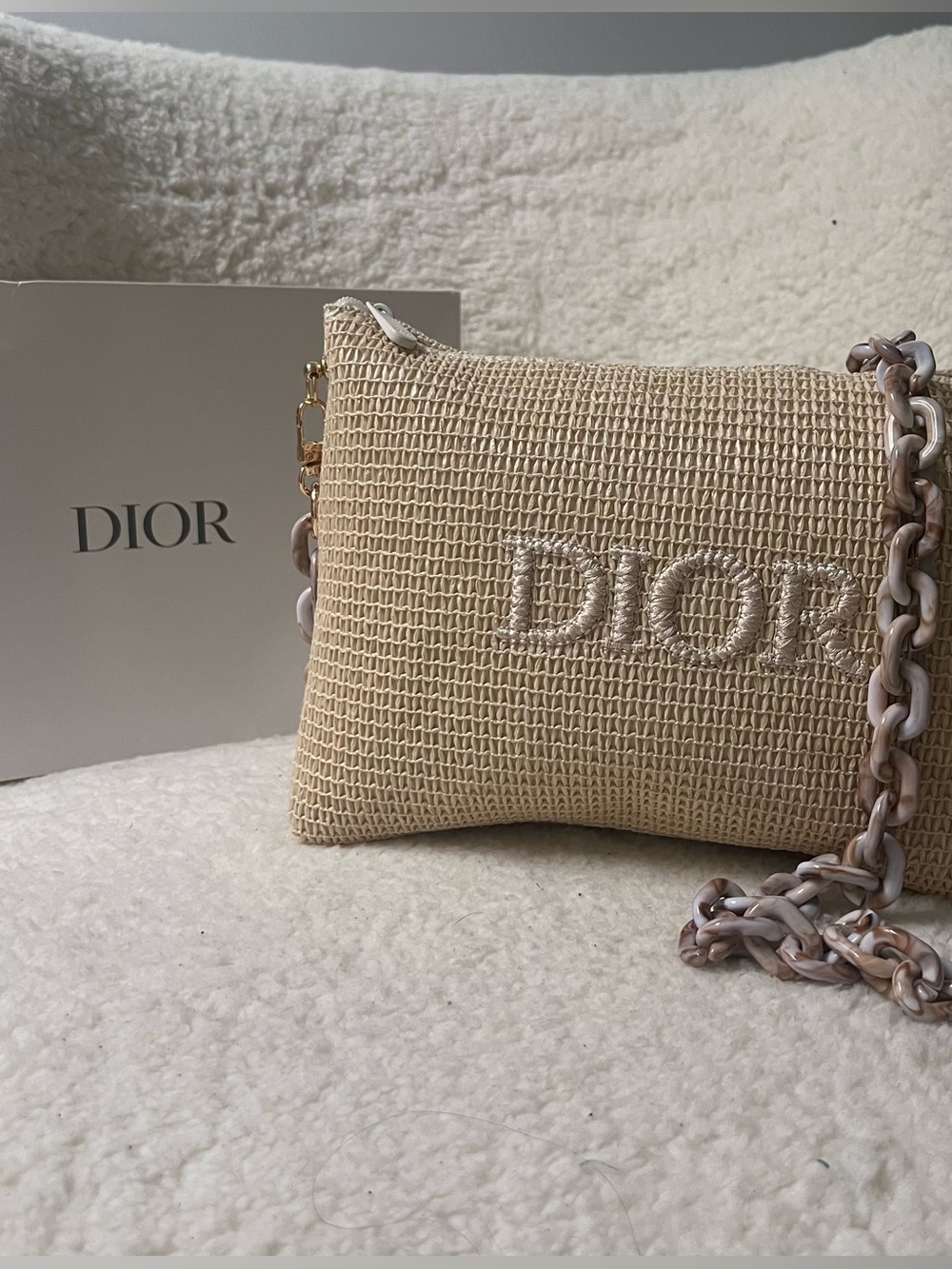 Dior Cream Raffia Upcycled beauty to Crossbody Bag with removable marbled chain